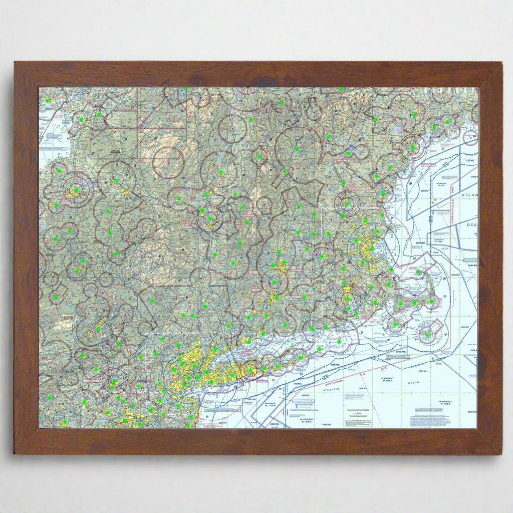 Image of the LightMap Air with cherry frame mounted on a wall showing live weather and METAR conditions