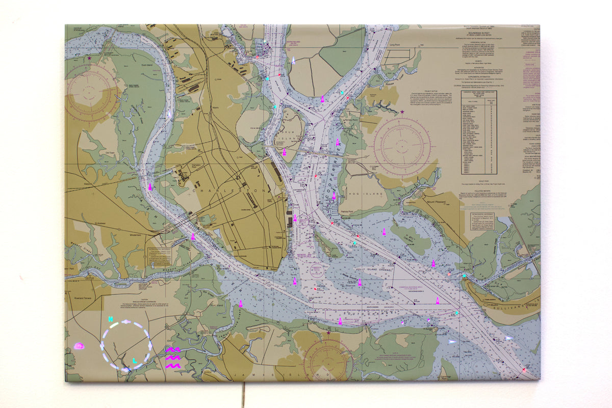 Image of the LightMap Sea showing the Charleston harbor and illuminated with live wind, weather, tide, buoys, and lighthouses. Mounted on a white background