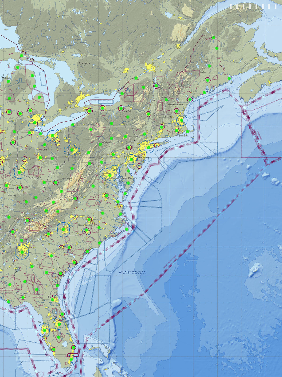 Image of the LightMap AIR USA east with live weather and METAR conditions.