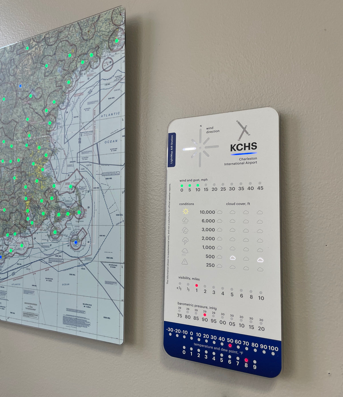 Image of the LightMap Air Station next to LightMap AIR Sectional showing live weather and METAR conditions