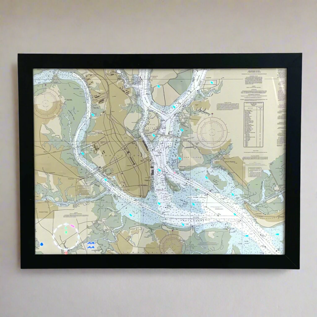 Image of the LightMap Sea showing the Charleston harbor and illuminated with live wind, weather, tide, buoys, and lighthouses.