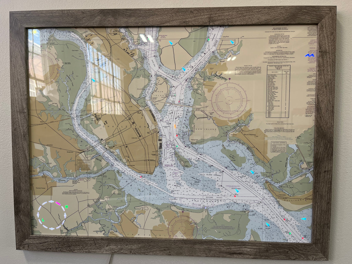 Image of the LightMap Sea showing the Charleston harbor and illuminated with live wind, weather, tide, buoys, and lighthouses.