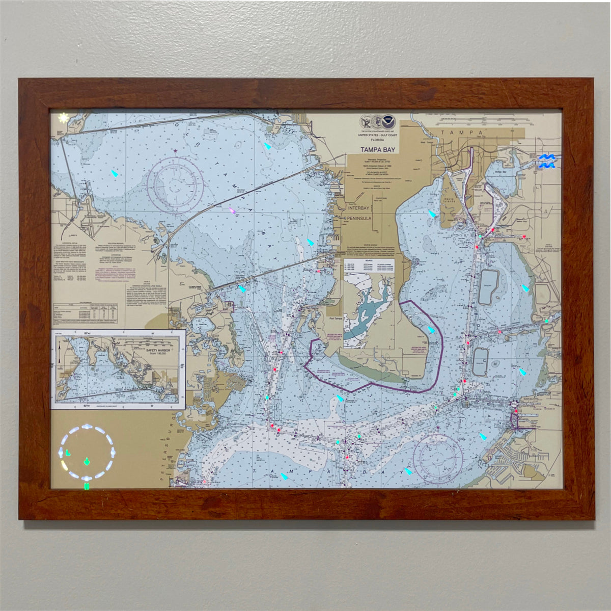 Image of the LightMap Sea showing the Tampa Bay harbor and illuminated with live wind, weather, tide, buoys, and lighthouses. Artwork is in a cherry frame.